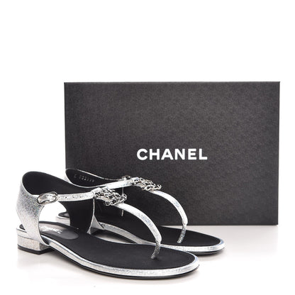 Chanel Fantasy Lambskin CC Chain Thong Sandals 37.5 Silver Black 9 of 9
