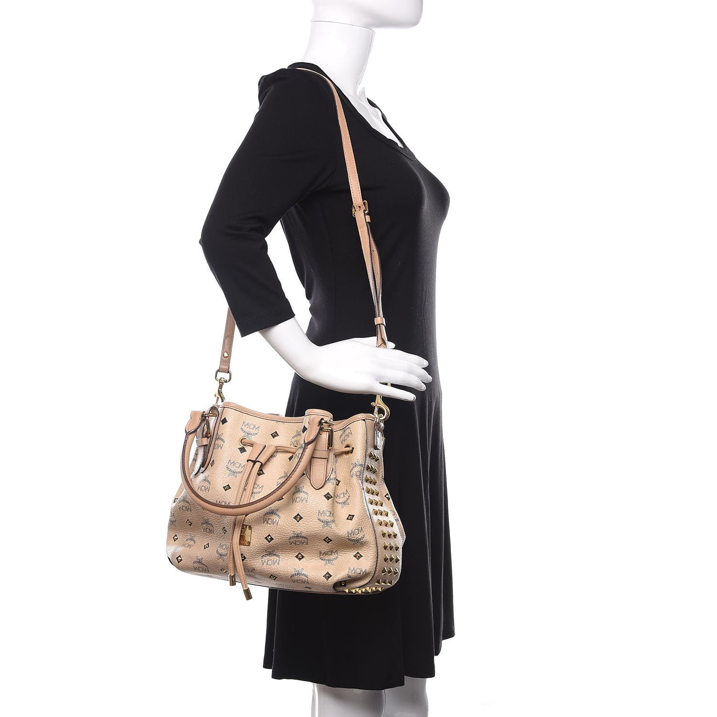 Visetos Studded Drawstring Bucket Bag Beige
