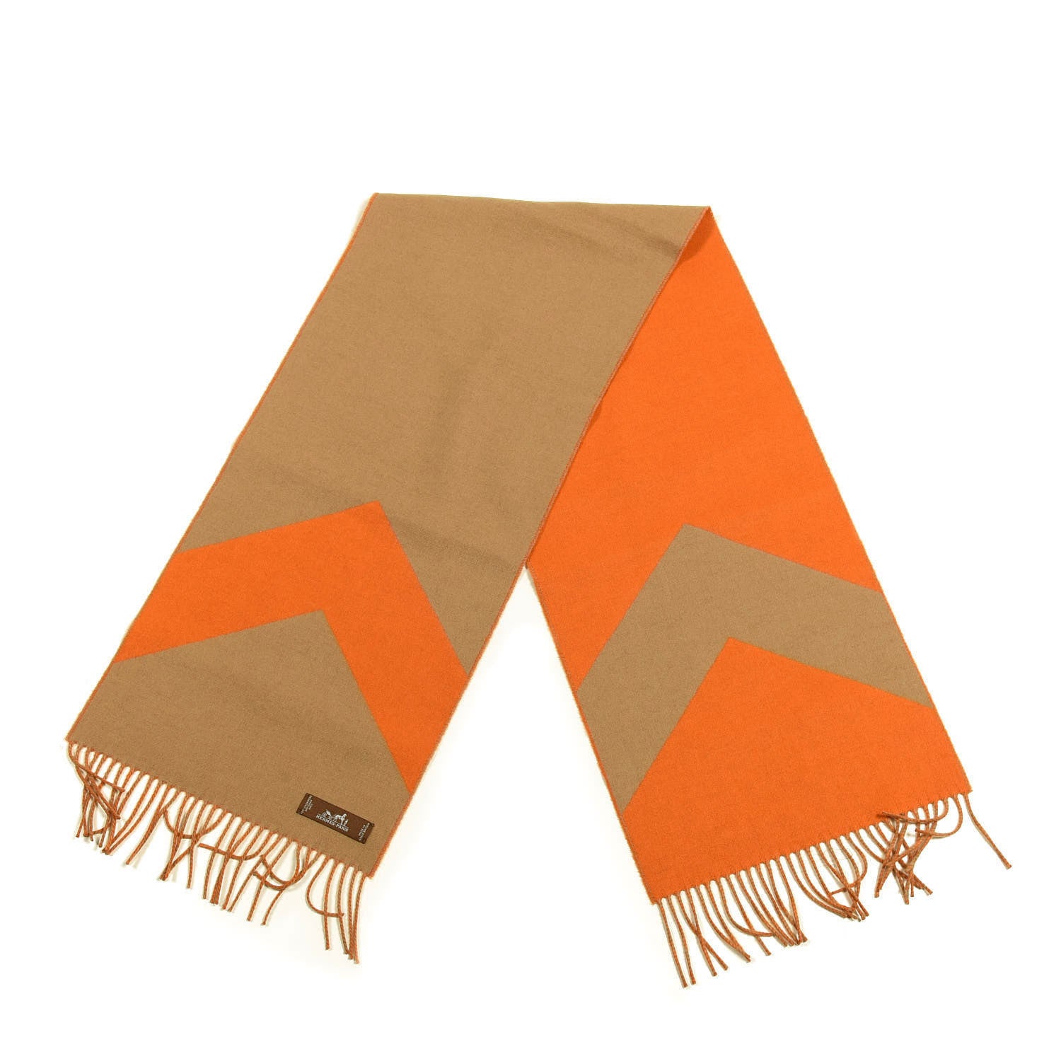 Hermes Cashmere Casaque Chevron Muffler Camel Mandarine 2 of 4