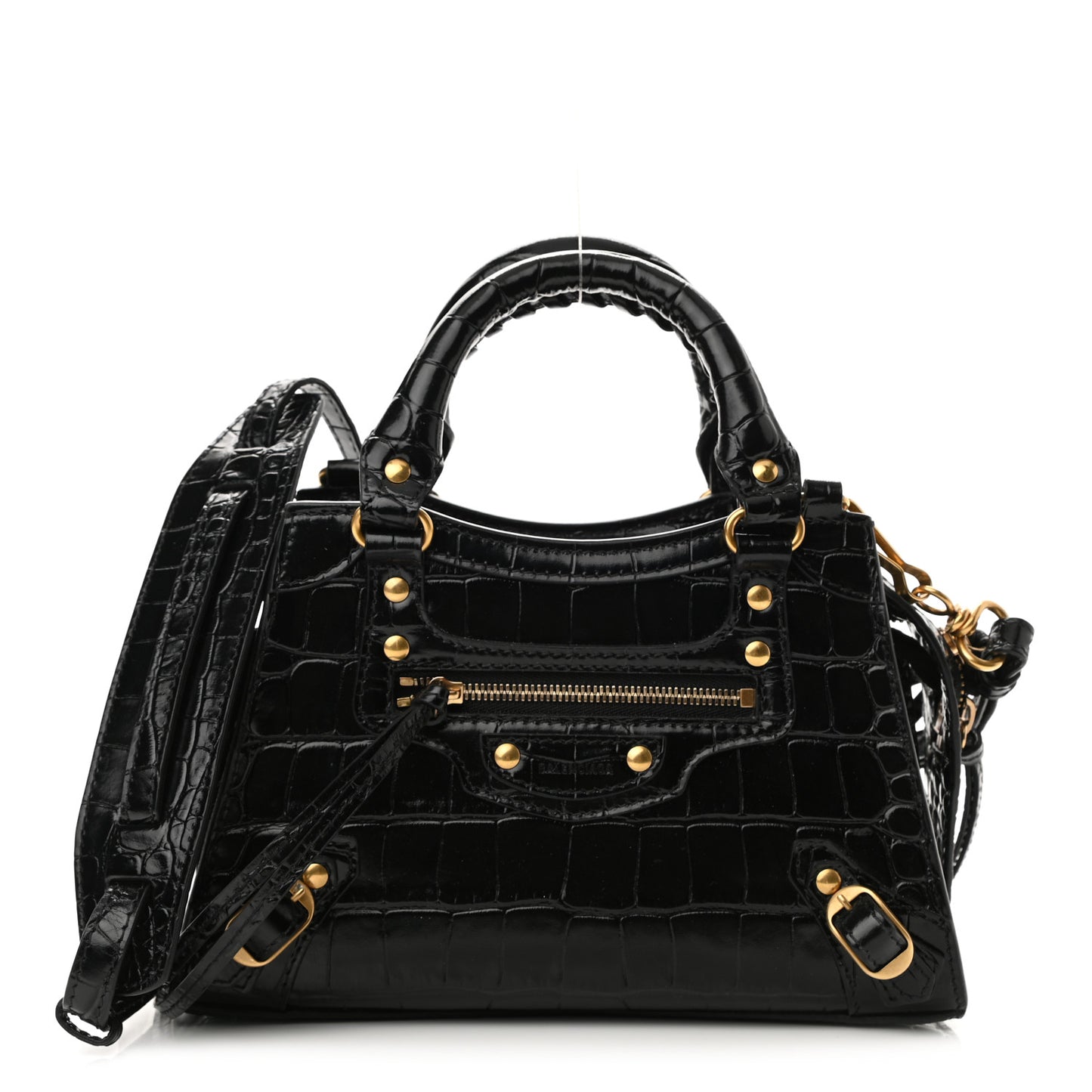 Shiny Supple Calfskin Crocodile Embossed Neo Classic Gold Hardware Mini City Black