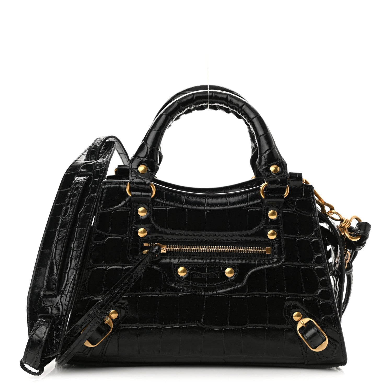 Balenciaga Shiny Supple Calfskin Crocodile Embossed Neo Classic Gold Hardware Mini City Black 1 of 9