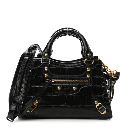 Balenciaga Shiny Supple Calfskin Crocodile Embossed Neo Classic Gold Hardware Mini City Black 1 of 9