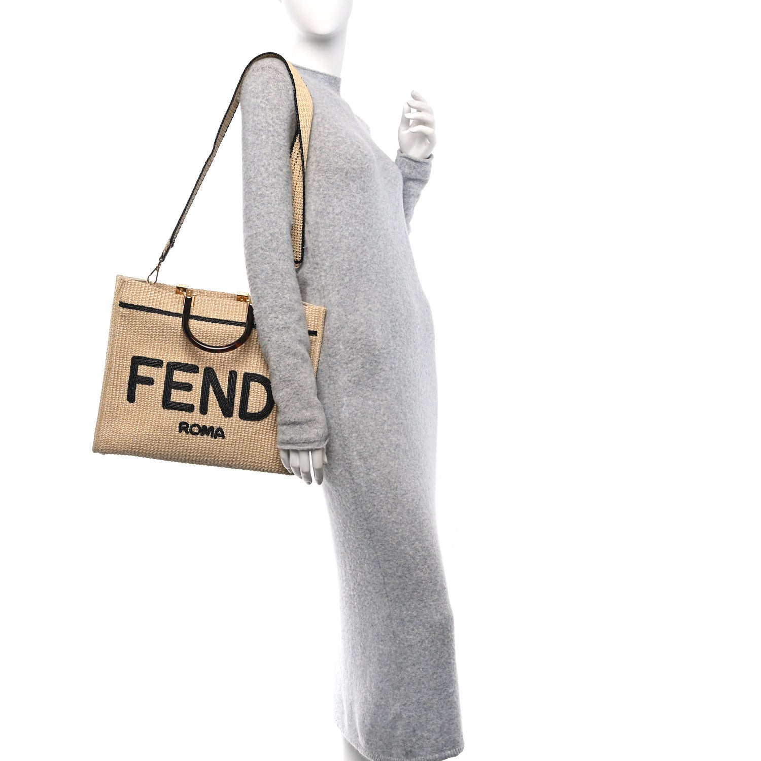Fendi Straw Vitello King Plexiglass Woven Medium Fendi Sunshine Shopper Tote Natural Black 2 of 11