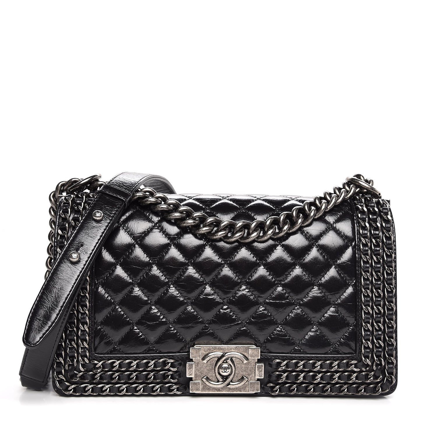 Glazed Calfskin Quilted Medium Boy Chained Flap Black