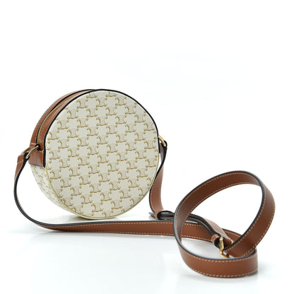 Celine Lambskin Triomphe Canvas Round Purse On Strap White Tan 2 of 10