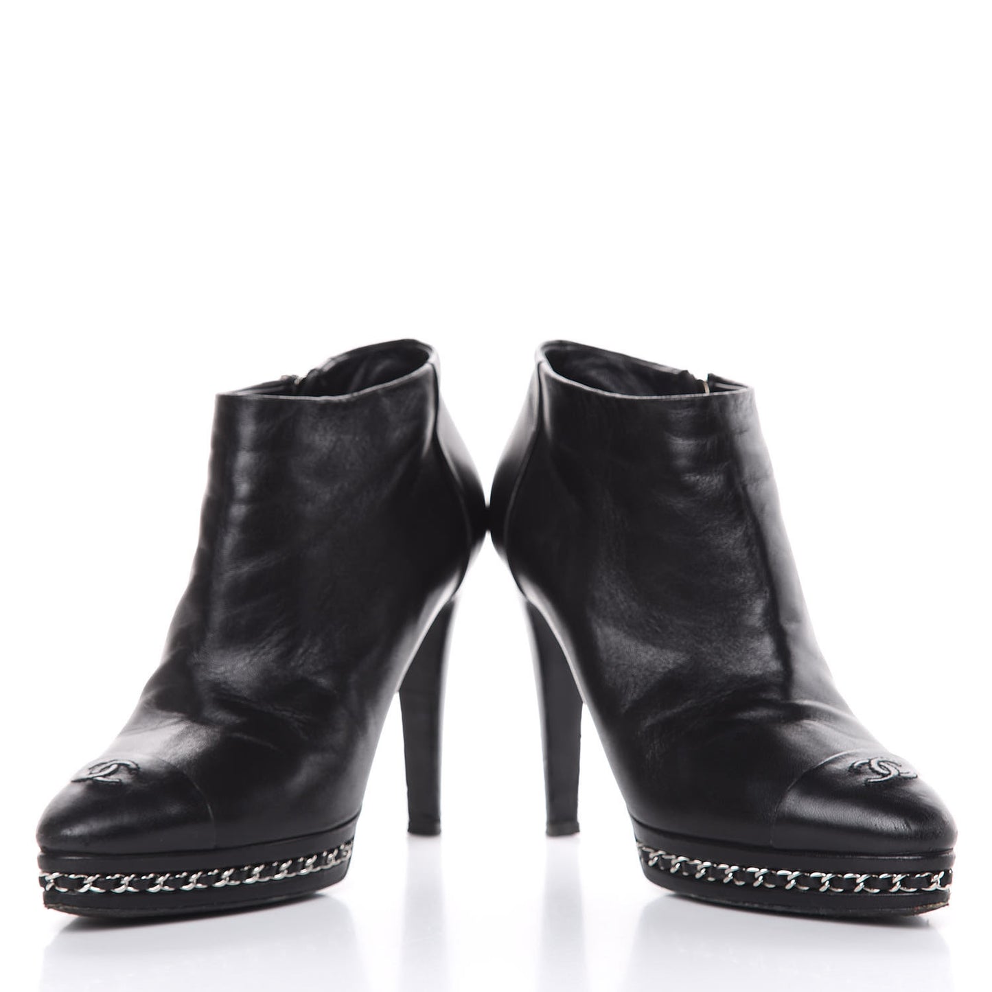 Lambskin CC Platform Cap Toe Chain Ankle Boots 38.5 Black
