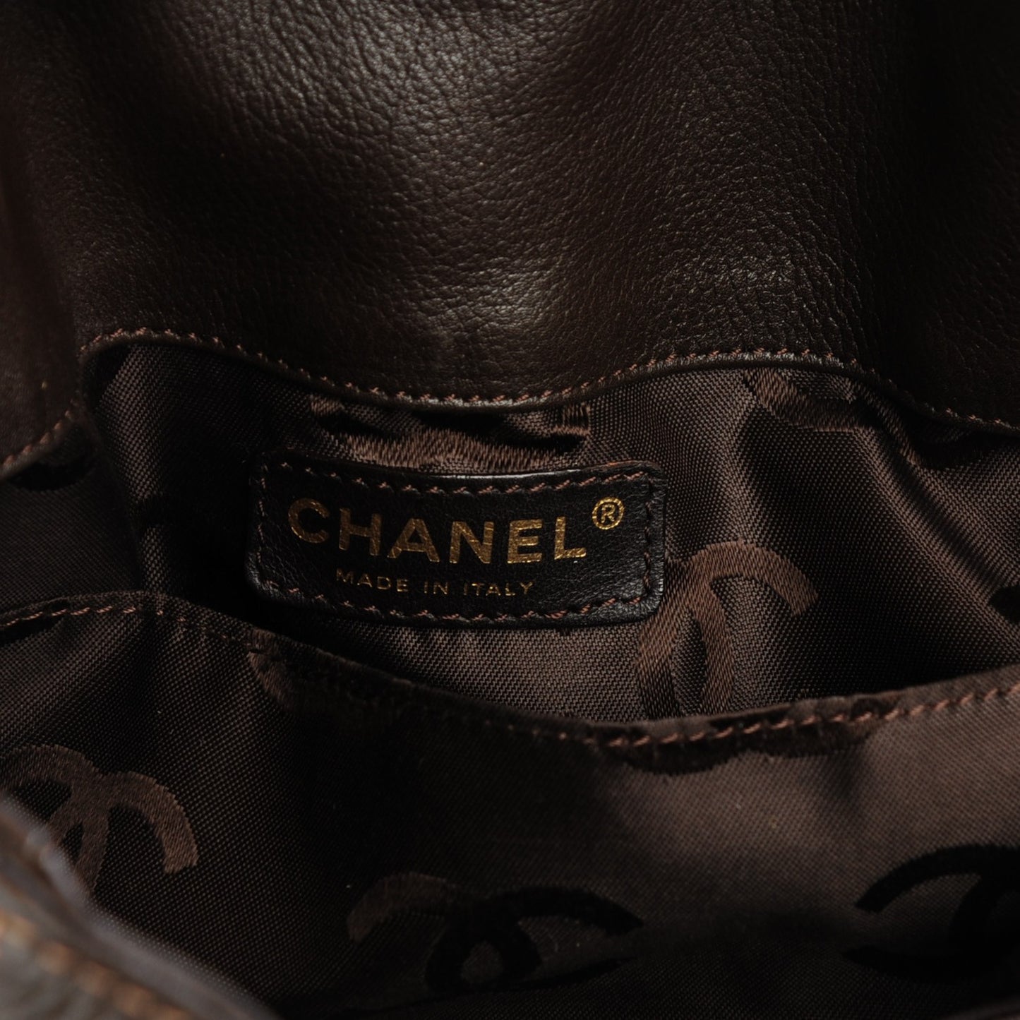 Calfskin CC Drawstring Bucket Bag Dark Brown