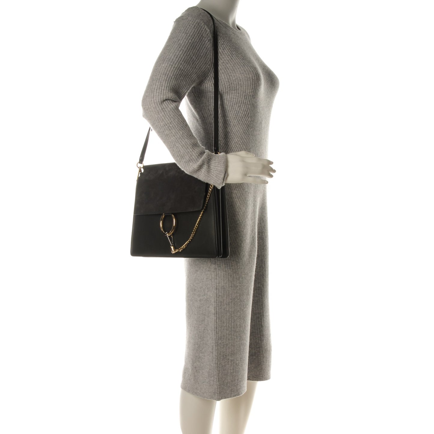 Suede Calfskin Medium Faye Shoulder Bag Carbon Grey