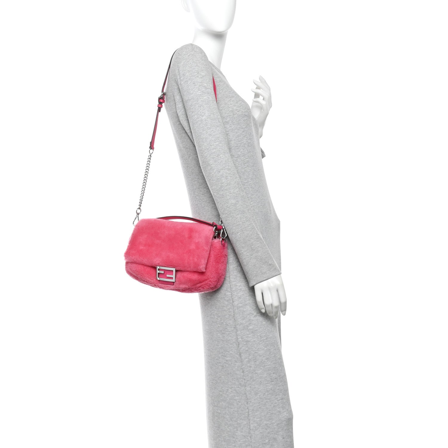 Fendi Shearling Shiny Nappa Baguette Rosa Fluo 2 of 9