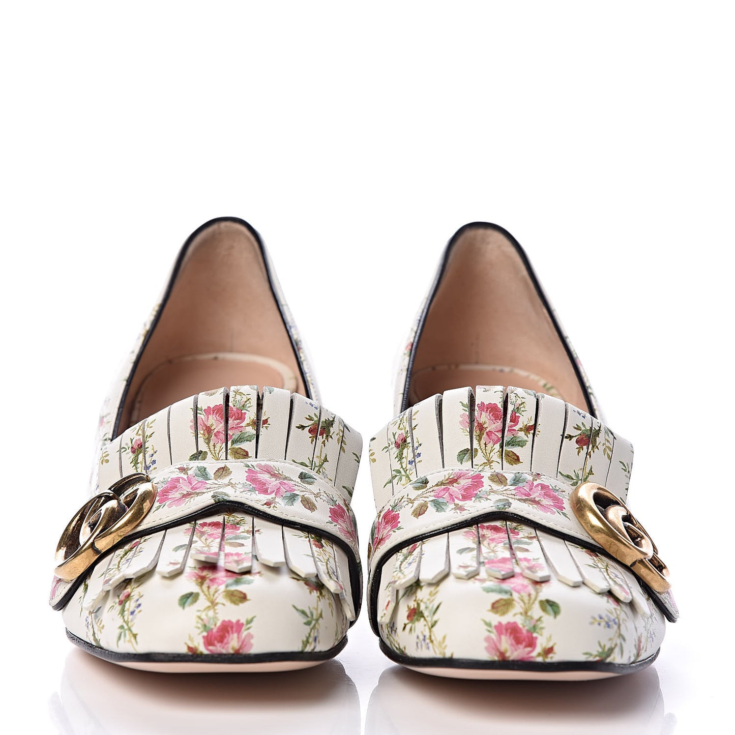 Calfskin Rose Print GG Marmont Fringe 50mm Loafer Pumps 37 Multicolor