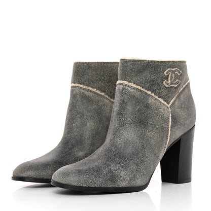 Chanel Suede Calfskin Shearling CC Ankle Boots 39.5 Beige 3 of 13