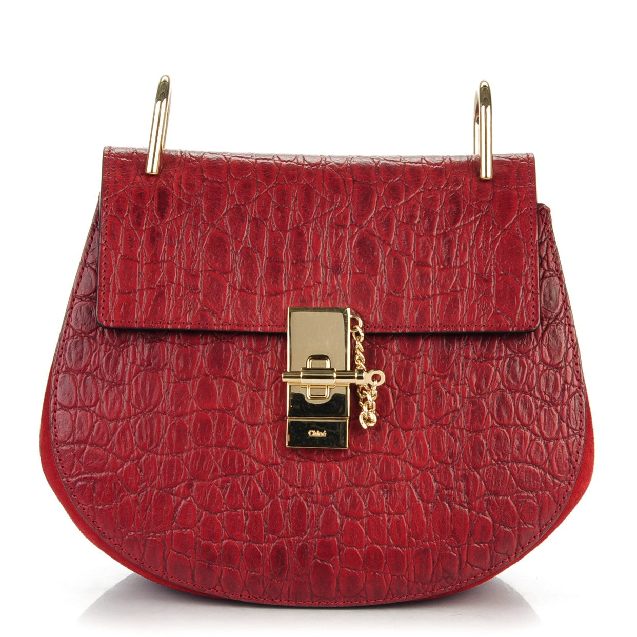 Calfskin Crocodile Embossed Drew Shoulder Bag Sienna Red