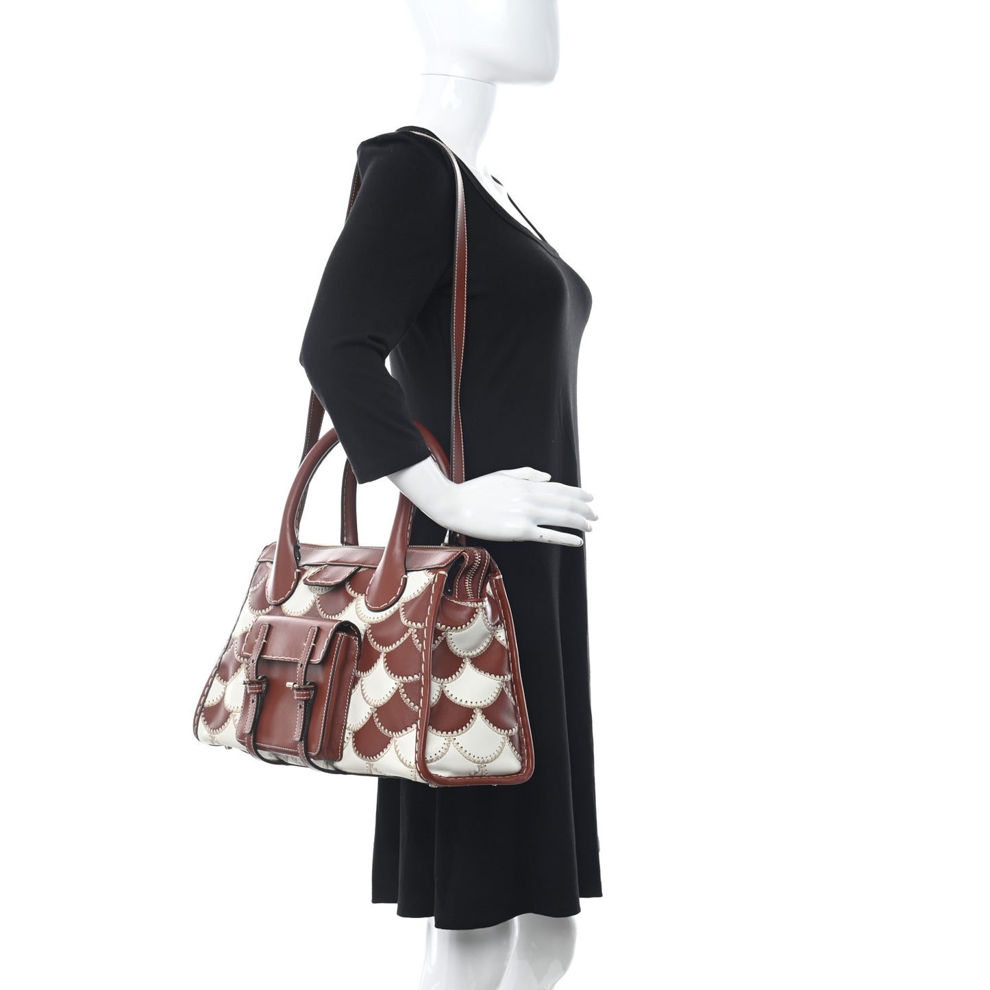 Nappa Shiny Calfskin Scallop Patchwork Medium Edith Day Bag Sepia Brown