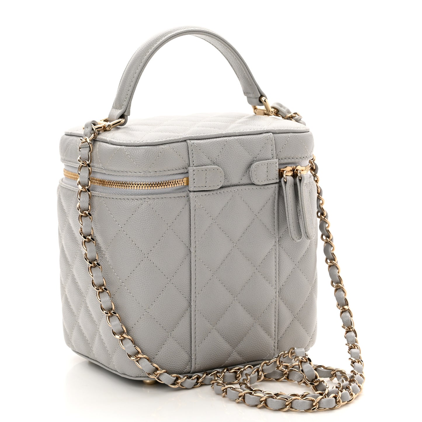 Caviar Quilted Small Top Handle Vanity Case With Chain Grey