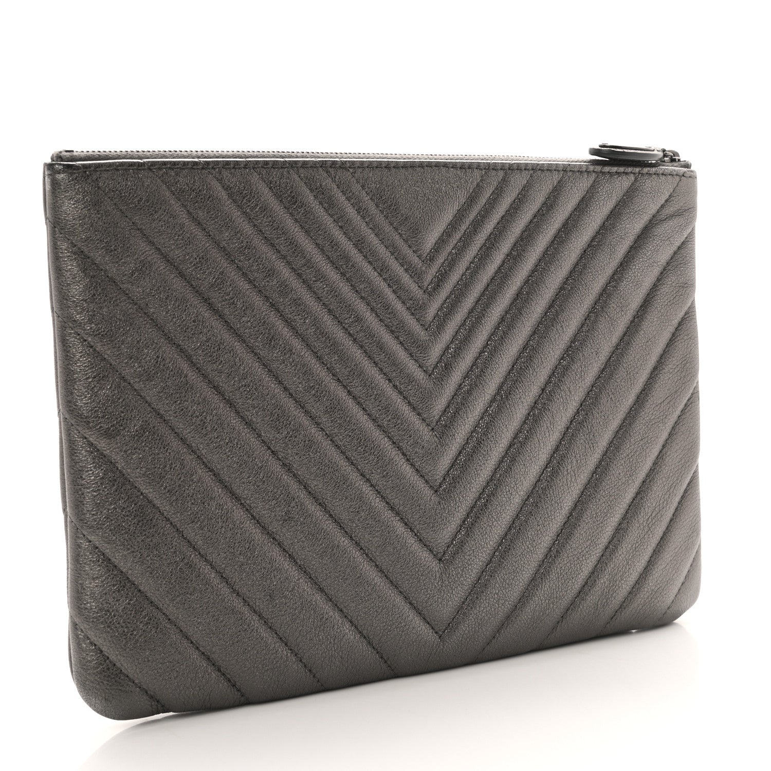 Chanel Sheepskin Chevron Quilted Medium Cosmetic Case Dark Silver 3 of 8