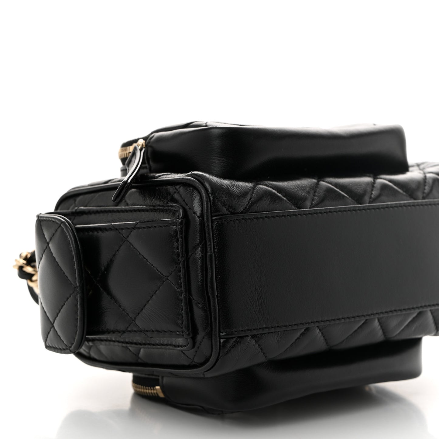 Shiny Crumpled Lambskin Quilted Small Preppy Pocket Camera Case Black
