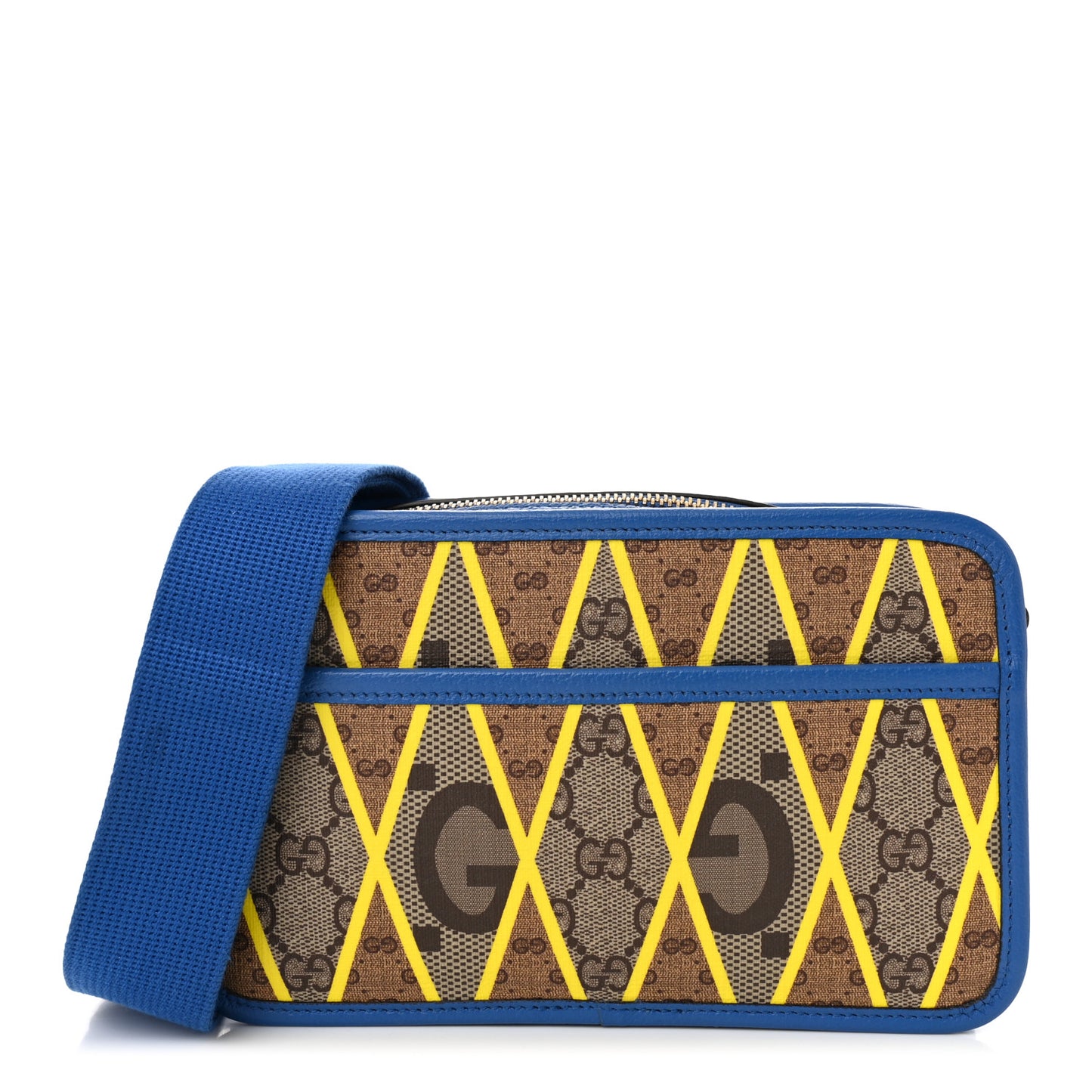 GG Supreme Monogram Mix Textured Dollar Calfskin Rhombus Inlay Crossbody Bag Beige Ebony Harvest Joy Blue
