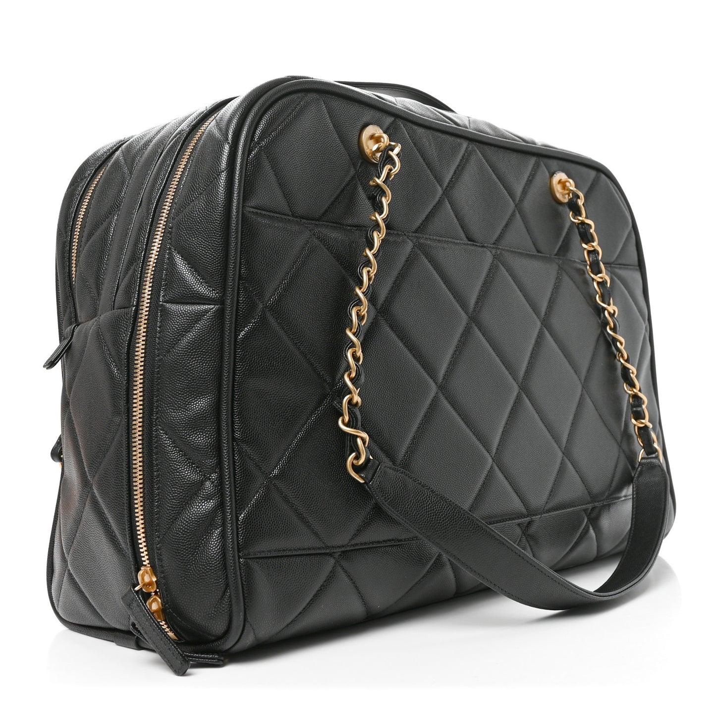 Shiny Grained Calfskin Quilted Travel Bowling Bag Black