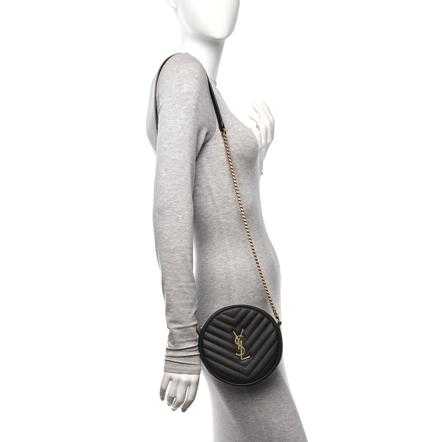 Saint Laurent Grain De Poudre Matelasse Chevron Quilted Round Vinyle Camera Bag Black 2 of 10