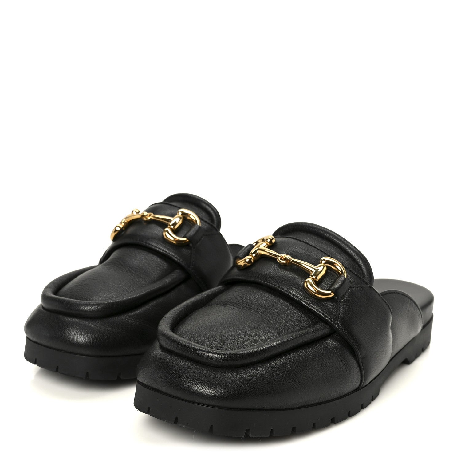 Gucci Goatskin Auroville Horsebit Mules 37.5 Black 1861718