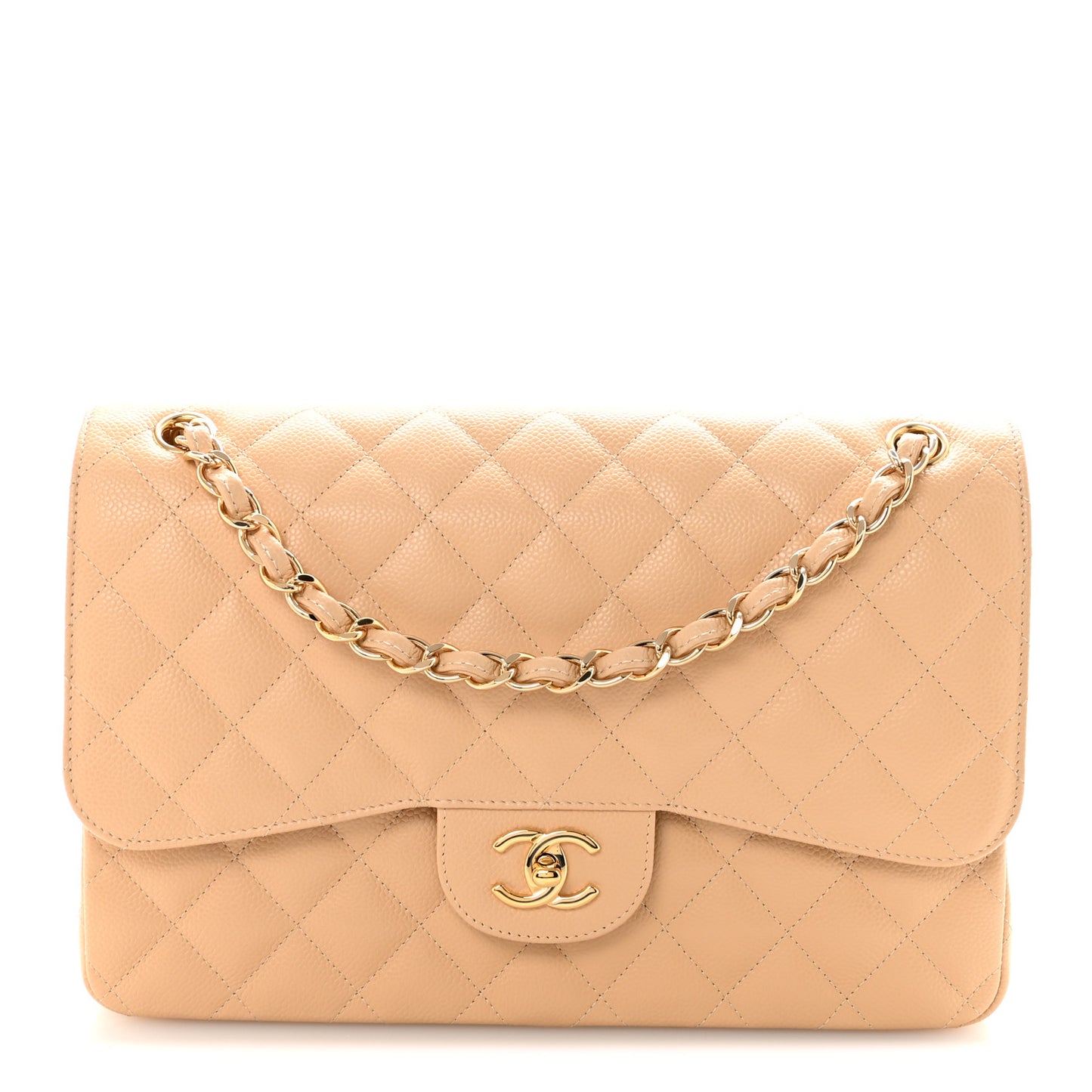 Caviar Quilted Jumbo Double Flap Beige