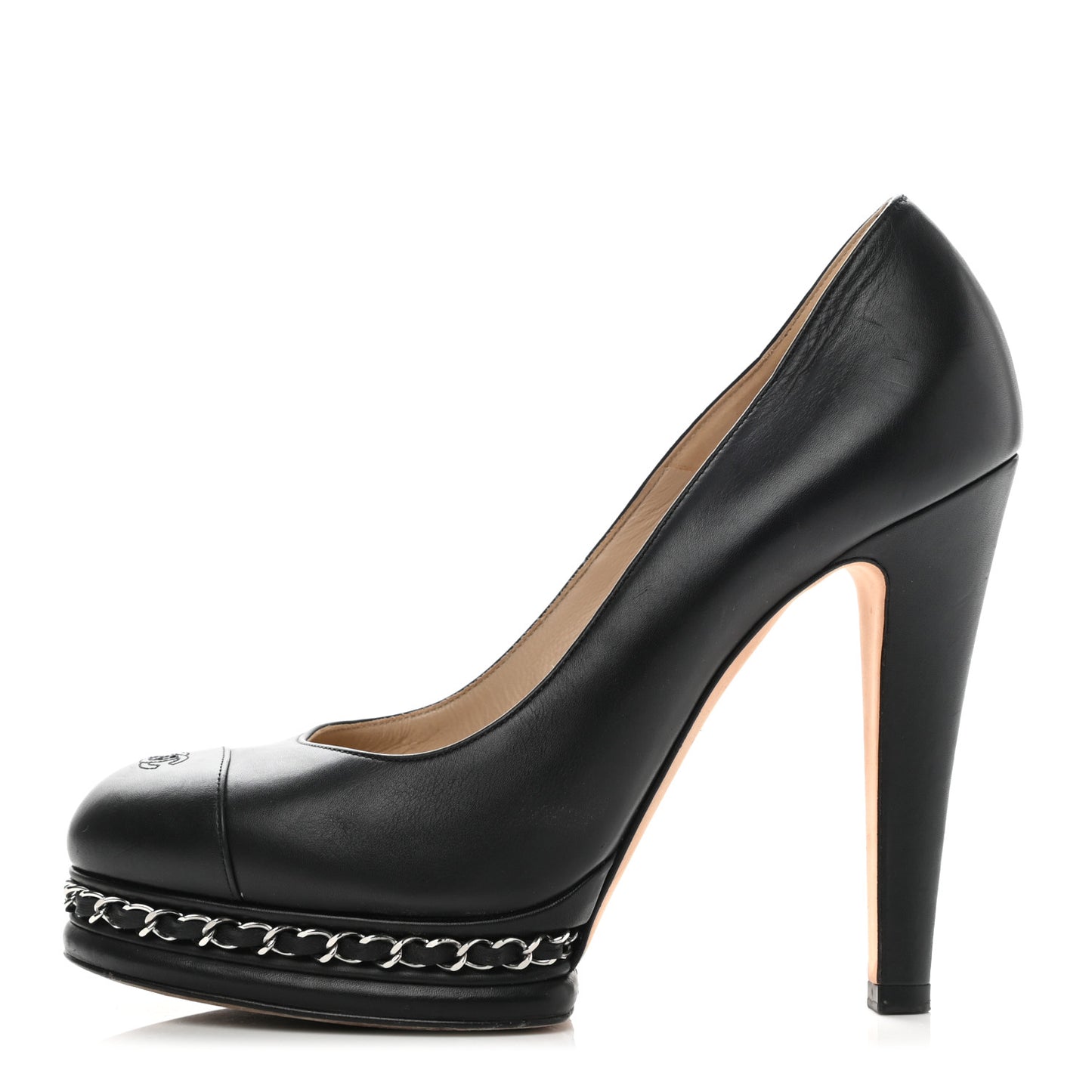 Calfskin CC Cap Toe Platform Chain Pumps 39 Black