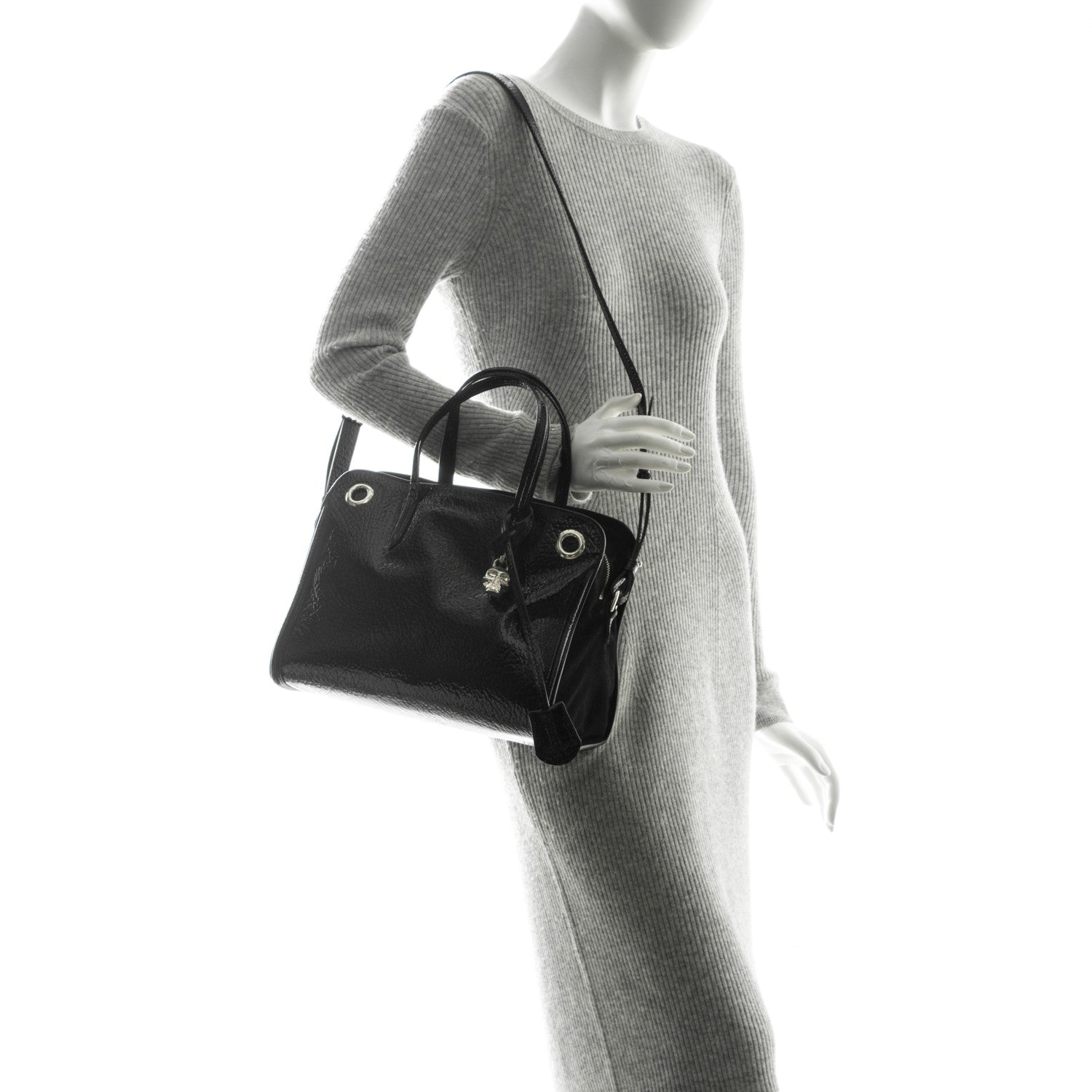 Alexander McQueen Patent Small Eyelet Padlock Skull Tote Black 2 of 7