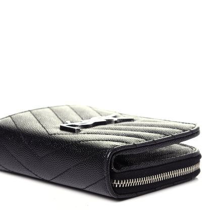 Saint Laurent Grain De Poudre Matelasse Chevron Monogram Compact Zip Around Wallet Black 9 of 10