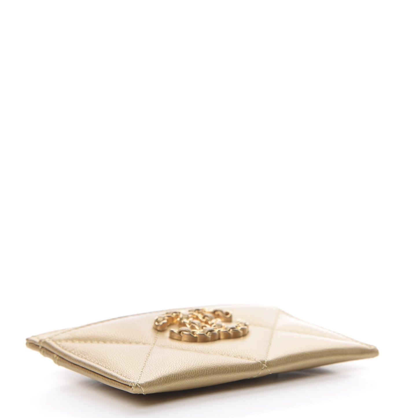 Metallic Goatskin Quilted Chanel 19 Card Holder Gold