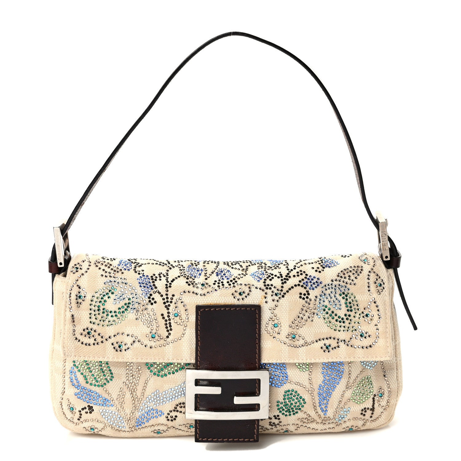 Fendi Linen Zucca Crystal Floral Beaded Baguette Beige Multicolor 1 of 8