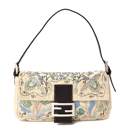 Fendi Linen Zucca Crystal Floral Beaded Baguette Beige Multicolor 1 of 8