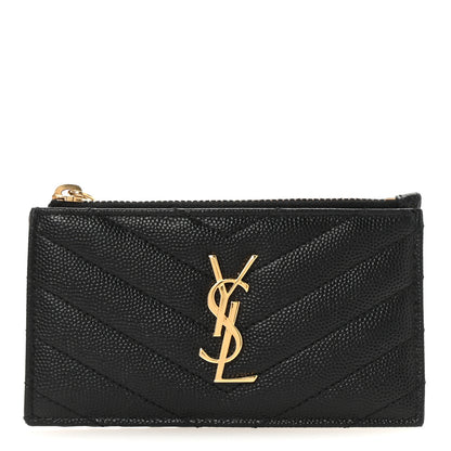Saint Laurent Grain De Poudre Matelasse Chevron Monogram Fragments Zippered Card Case Black 1 of 6