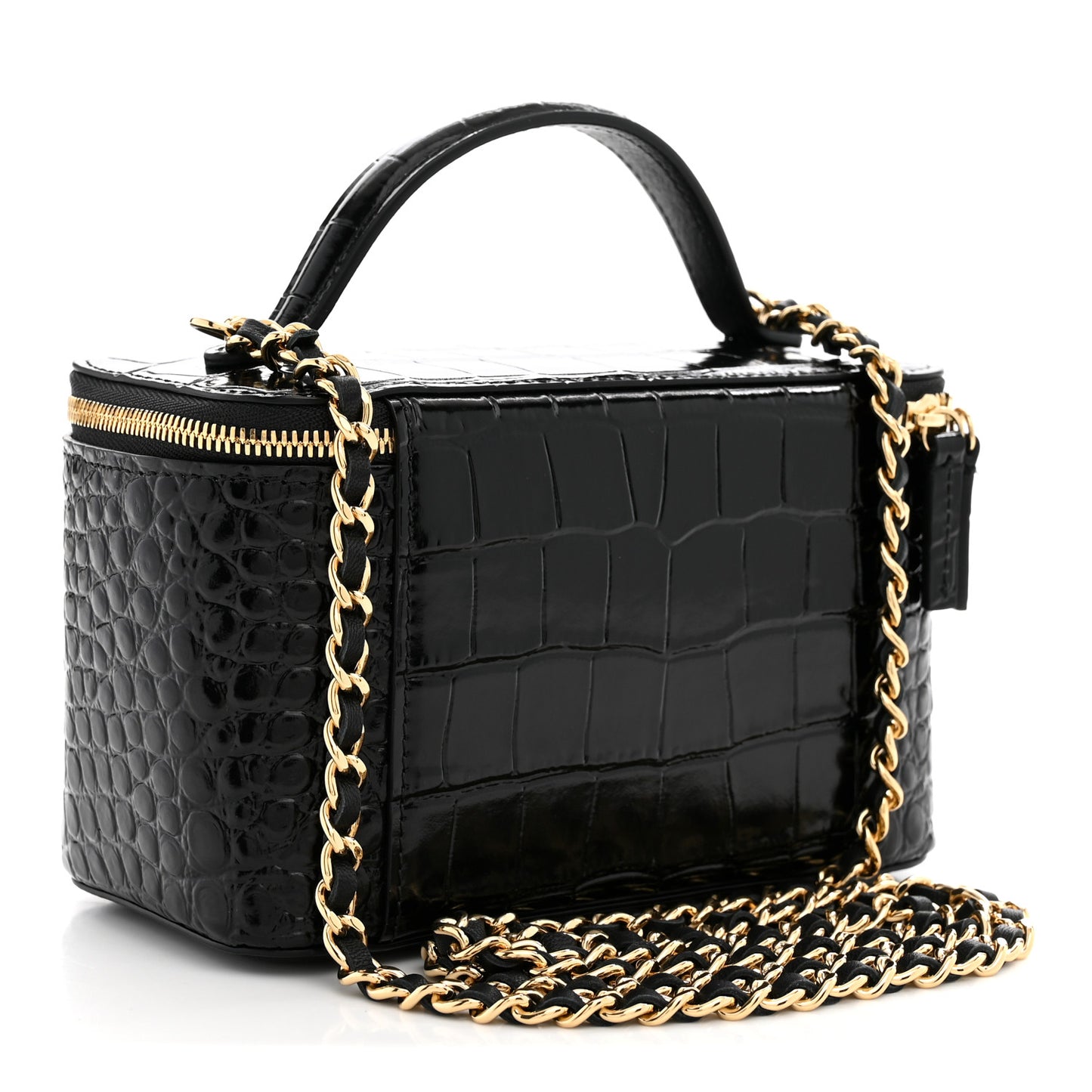 Calfskin Crocodile Embossed Crococo Small Top Handle Vanity Case With Chain Black