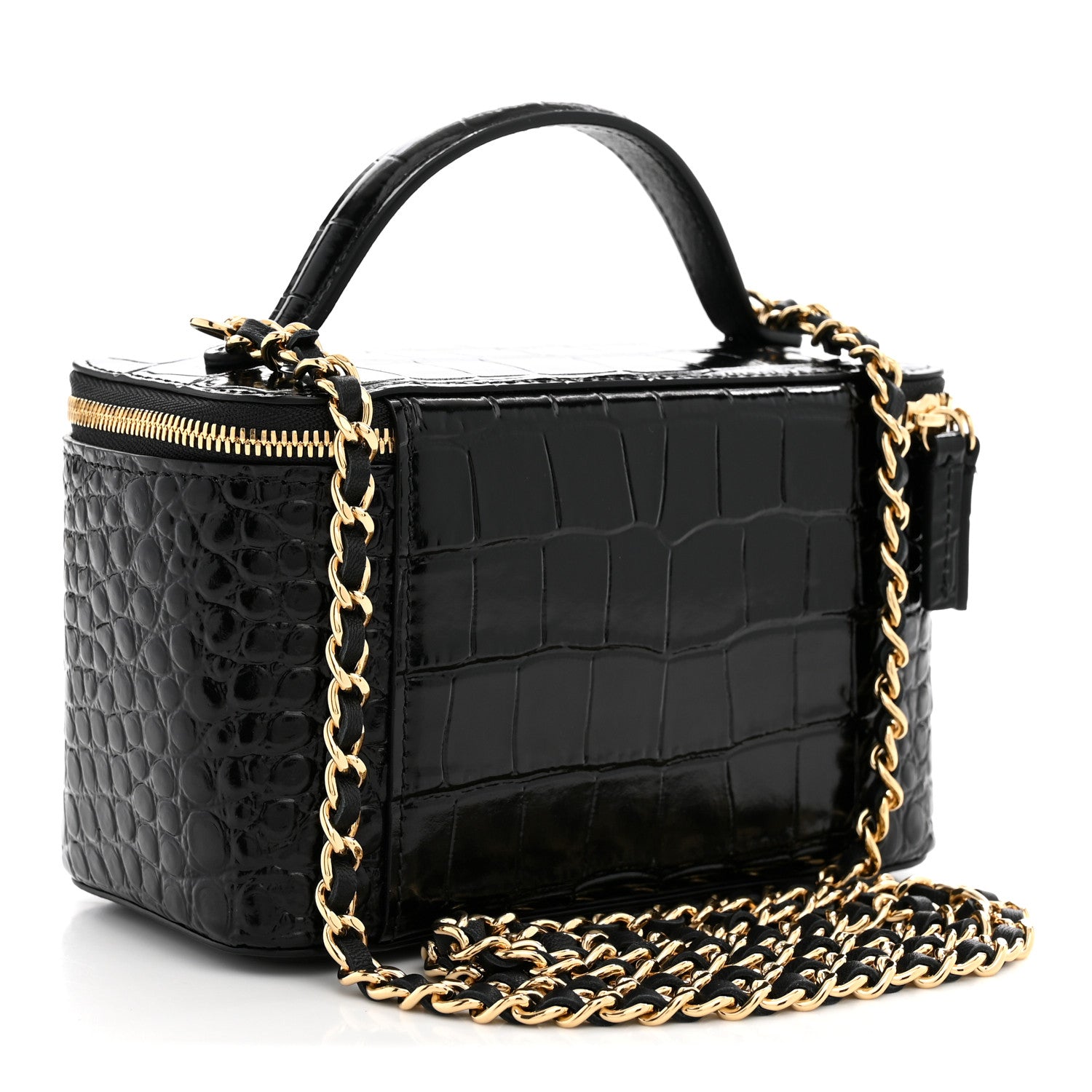 Chanel Calfskin Crocodile Embossed Crococo Small Top Handle Vanity Case With Chain Black 3 of 11