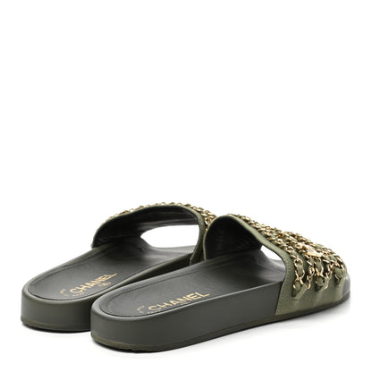 Chanel Canvas Chain Flat Sandals 39 Khaki 4 of 11