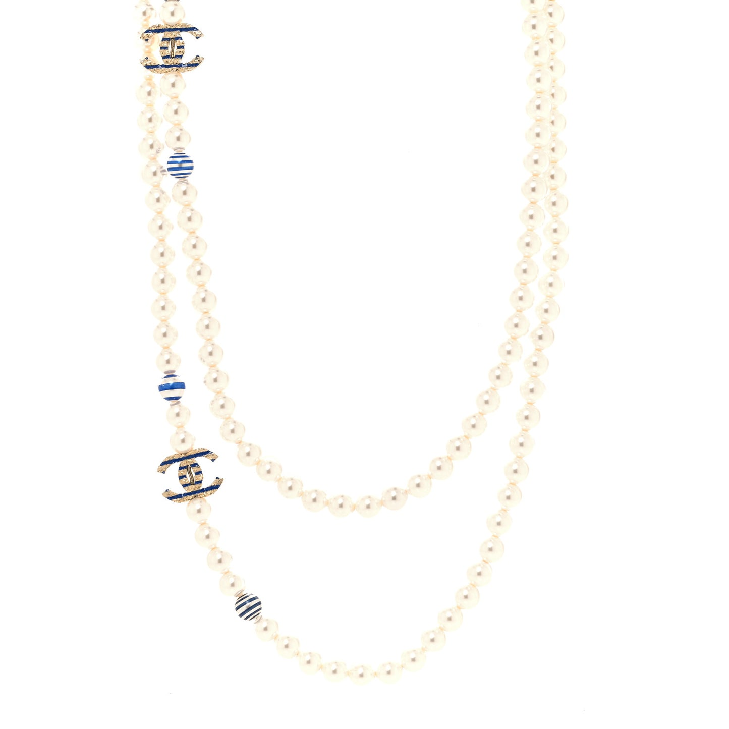 Resin Pearl Striped CC Long Necklace Blue Gold
