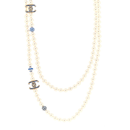 Chanel Resin Pearl Striped CC Long Necklace Blue Gold 1 of 5