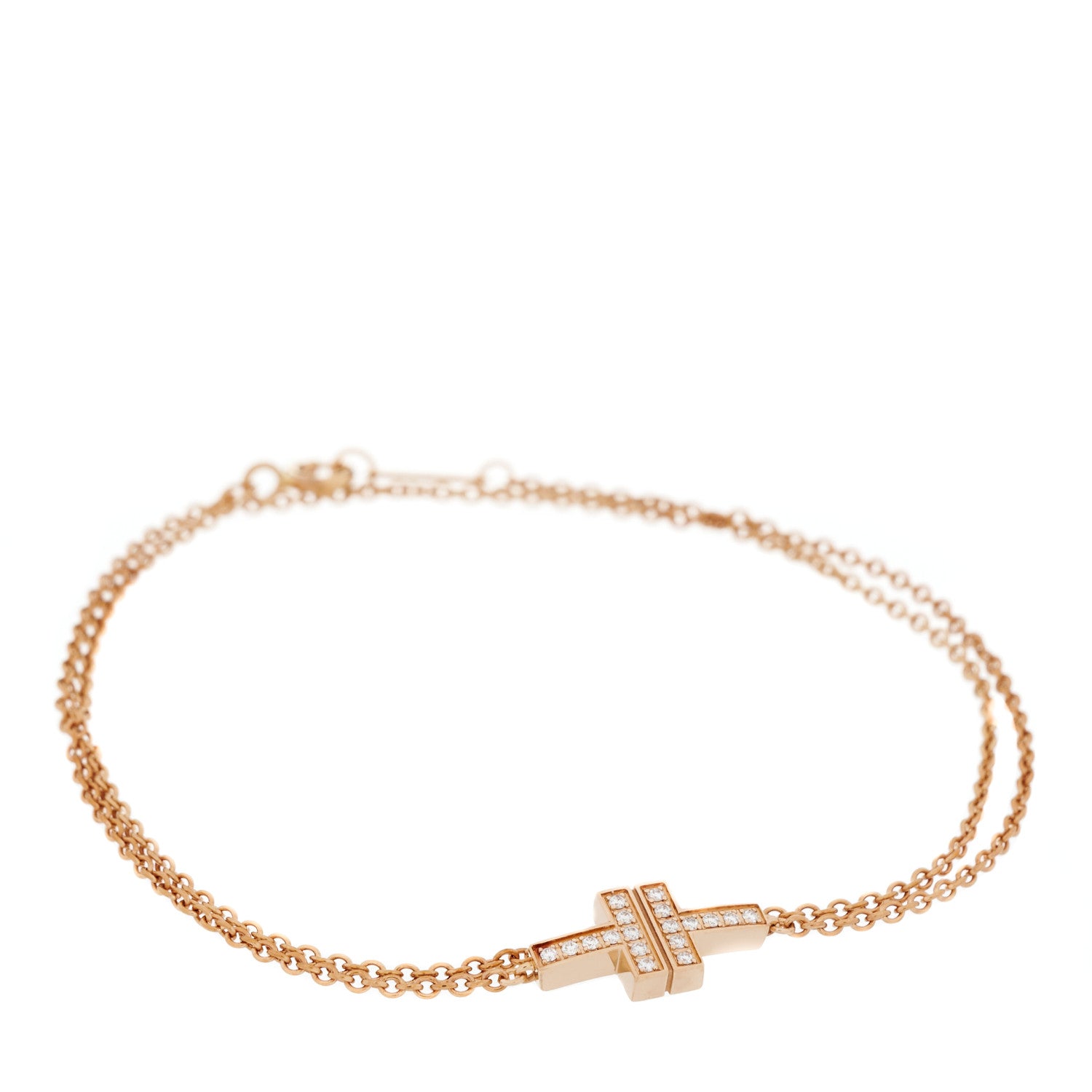 Tiffany 18K Rose Gold Diamond T Double Chain Bracelet 1 of 4