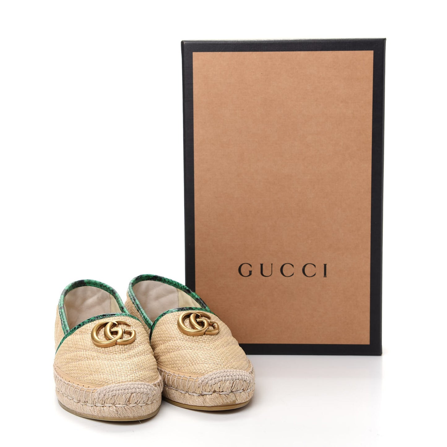 Straw Elaphe Matelasse GG Marmont Espadrilles 35.5 Natural New Shamarock