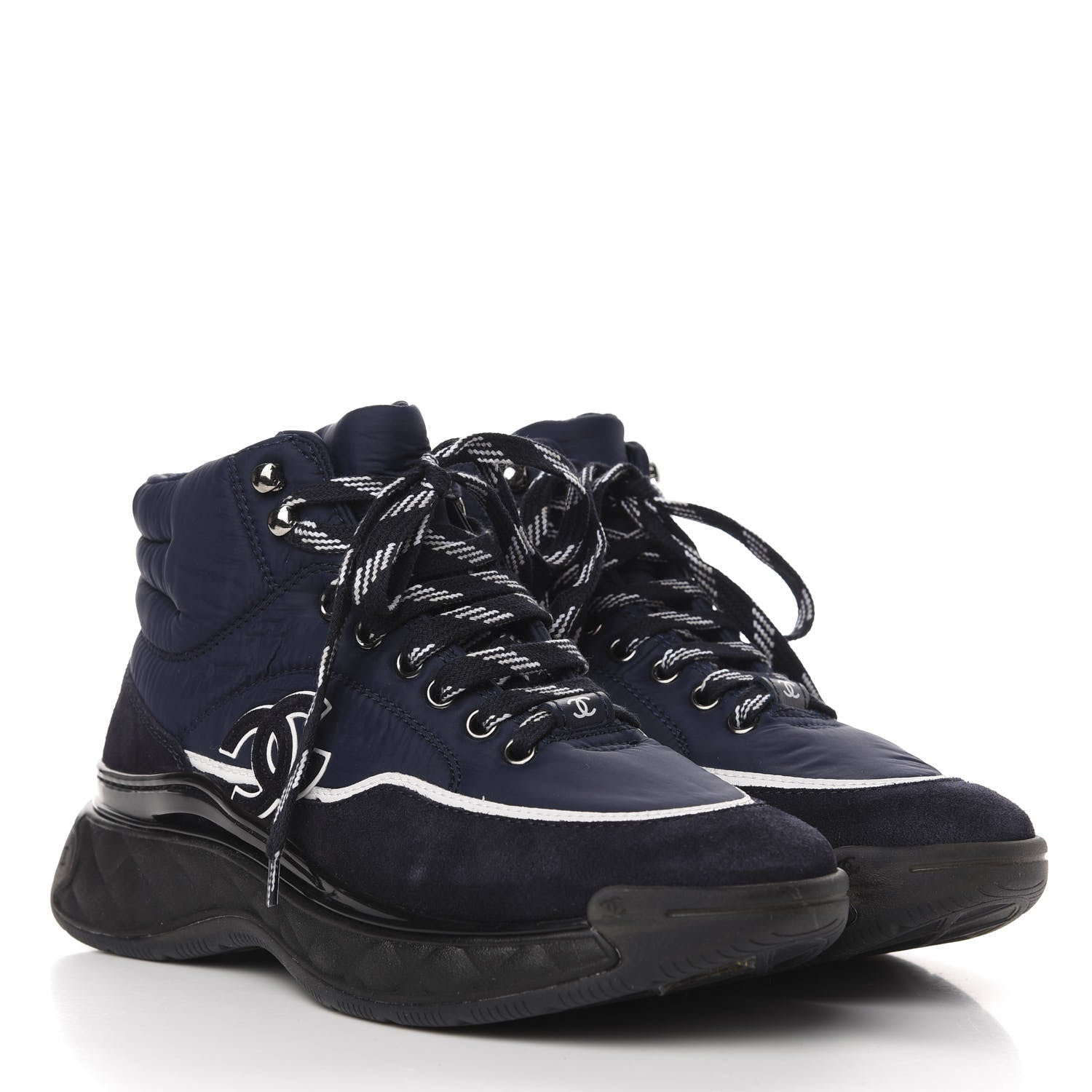 Chanel Fabric Calfskin Suede Womens CC Sneakers 37 Navy 3 of 9