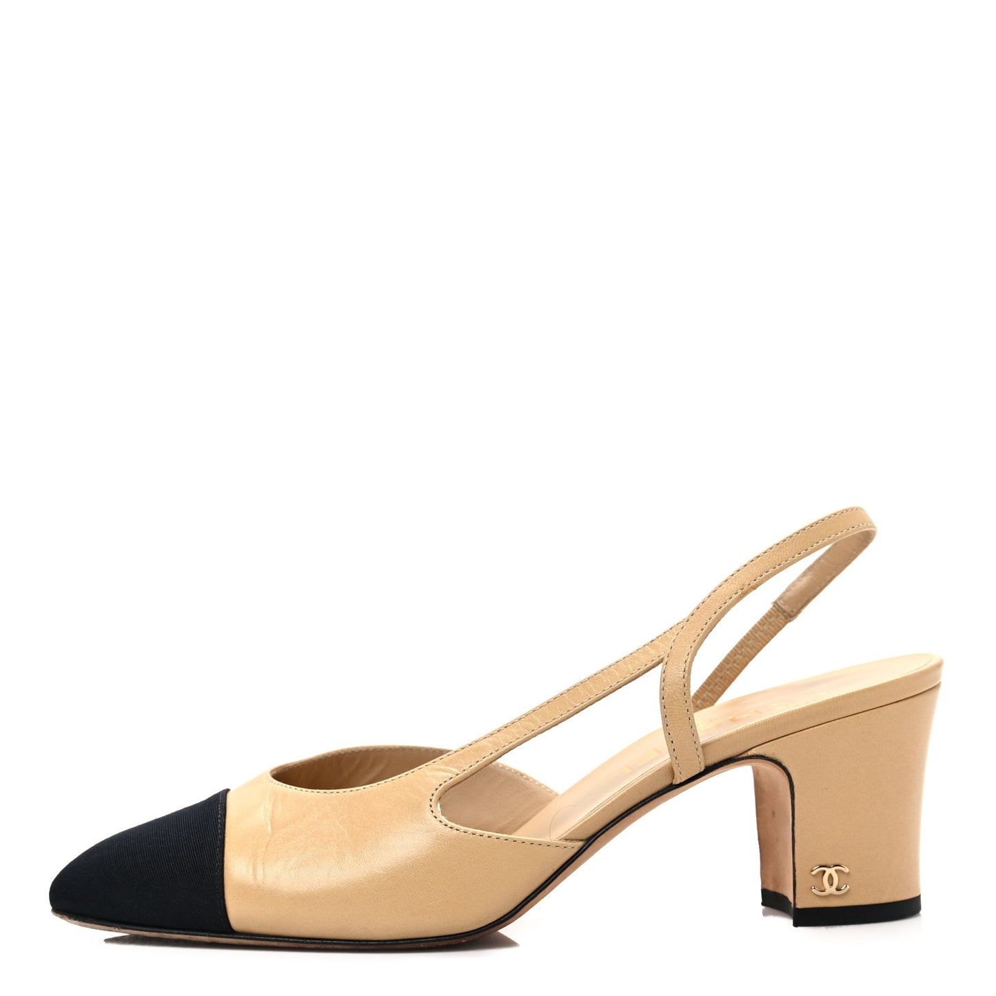 Lambskin Grosgrain Cap Toe CC Slingback Pumps 38.5 Beige Black
