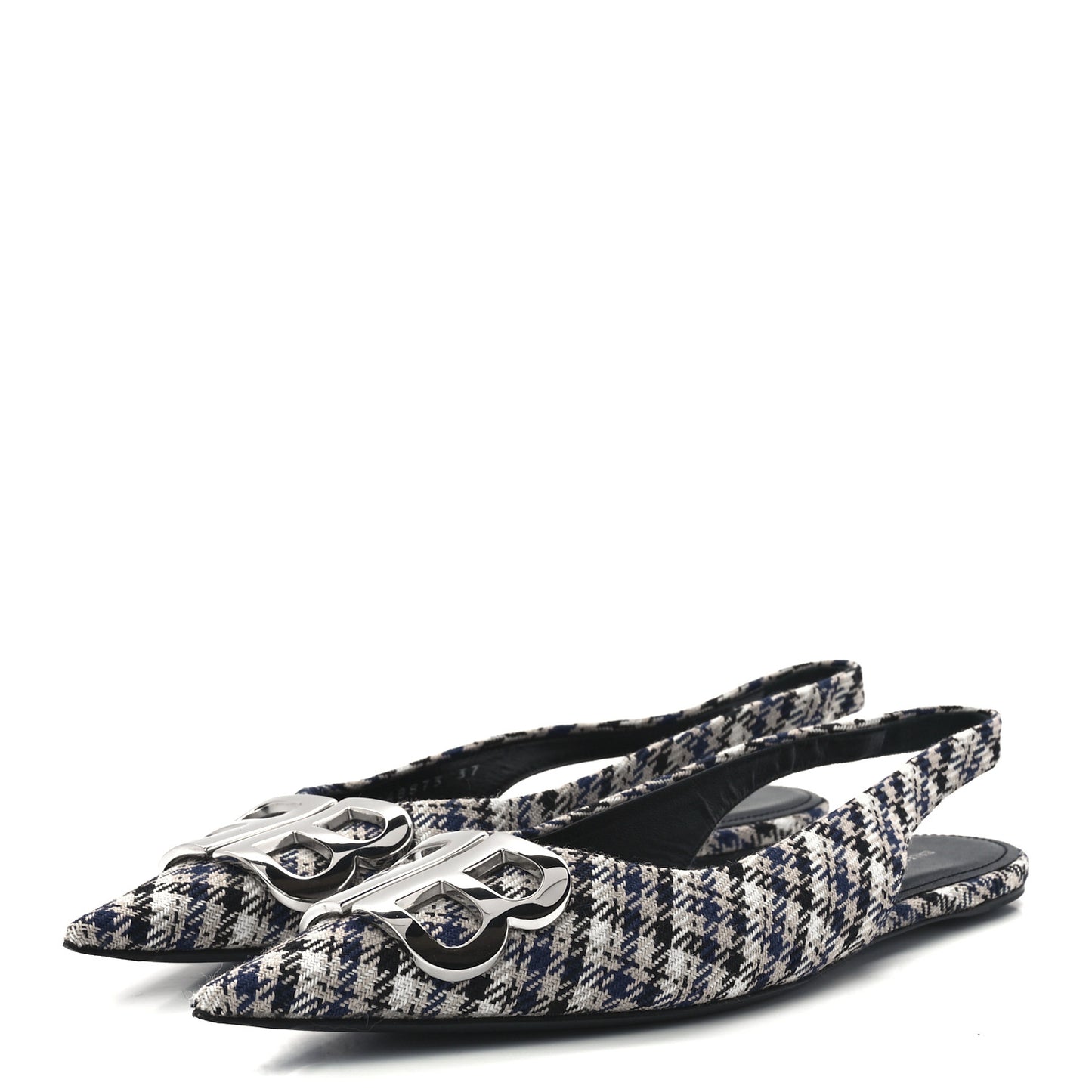 Tweed Prince Of Wales BB Knife Pointy Toe Slingback Flats 37 Beige Navy Silver