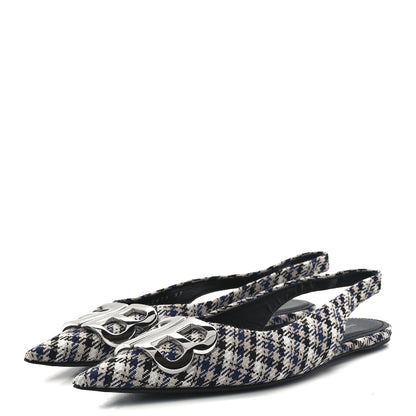 Balenciaga Tweed Prince Of Wales BB Knife Pointy Toe Slingback Flats 37 Beige Navy Silver 3 of 8