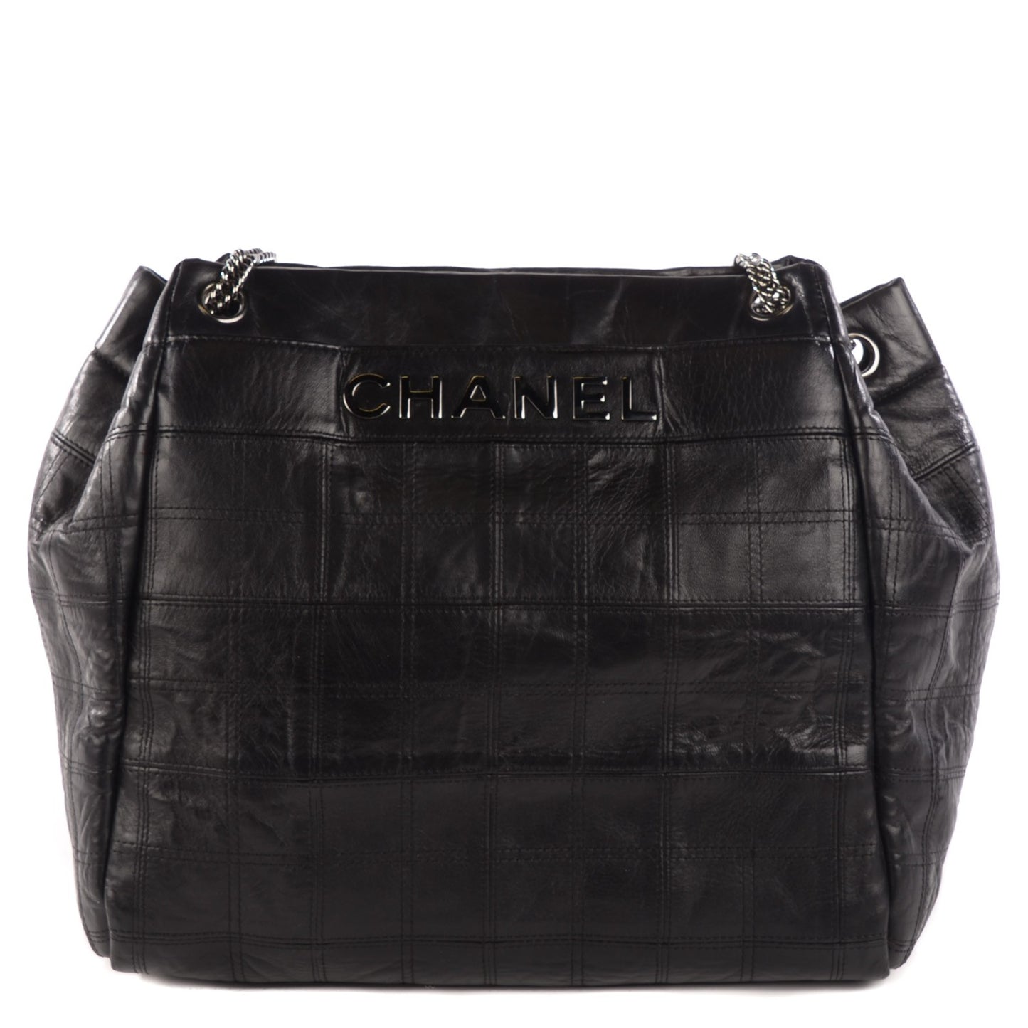 Lambskin Square Stitched Lax Accordion Shoulder Bag Black