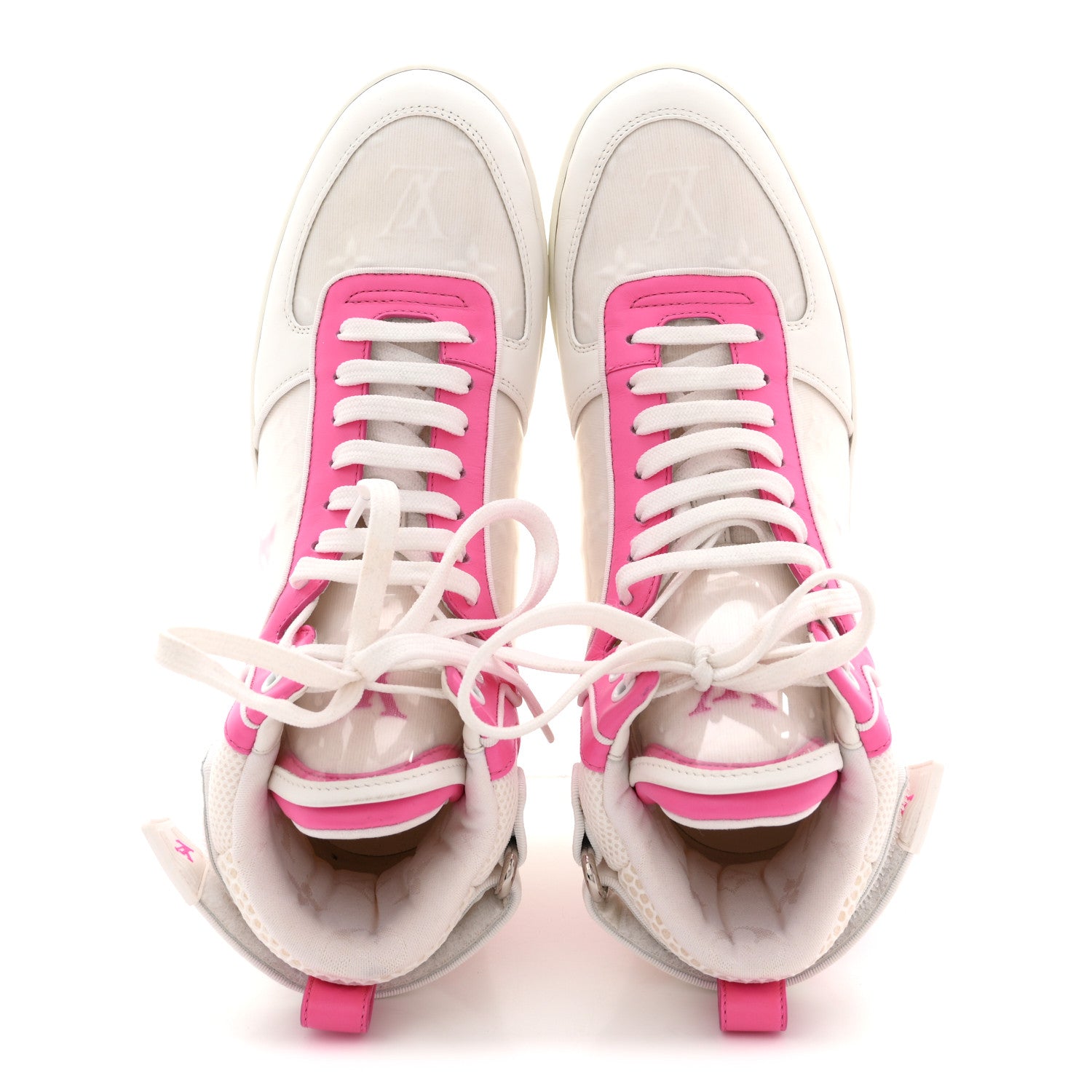 Louis Vuitton Calfskin Nylon Mesh Monogram Womens Boombox High Top Sneakers 39 White Pink 2 of 11