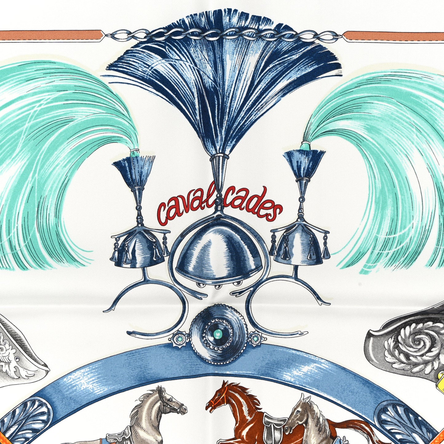Silk Cavalcades Scarf 90 White Bleu Jean Vert
