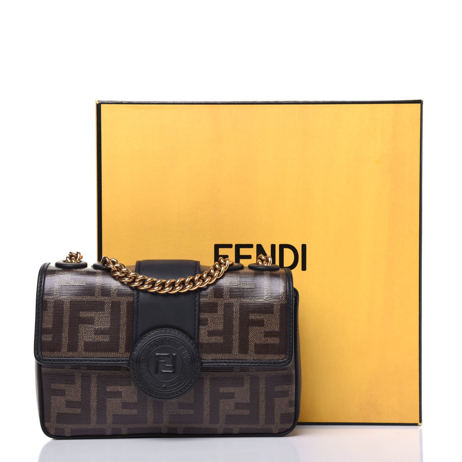 Fendi Glazed Fabric Vitello Century FF 1974 Stamp Patch Mini Double F Crossbody Bag Mogano Panna Black 12 of 12