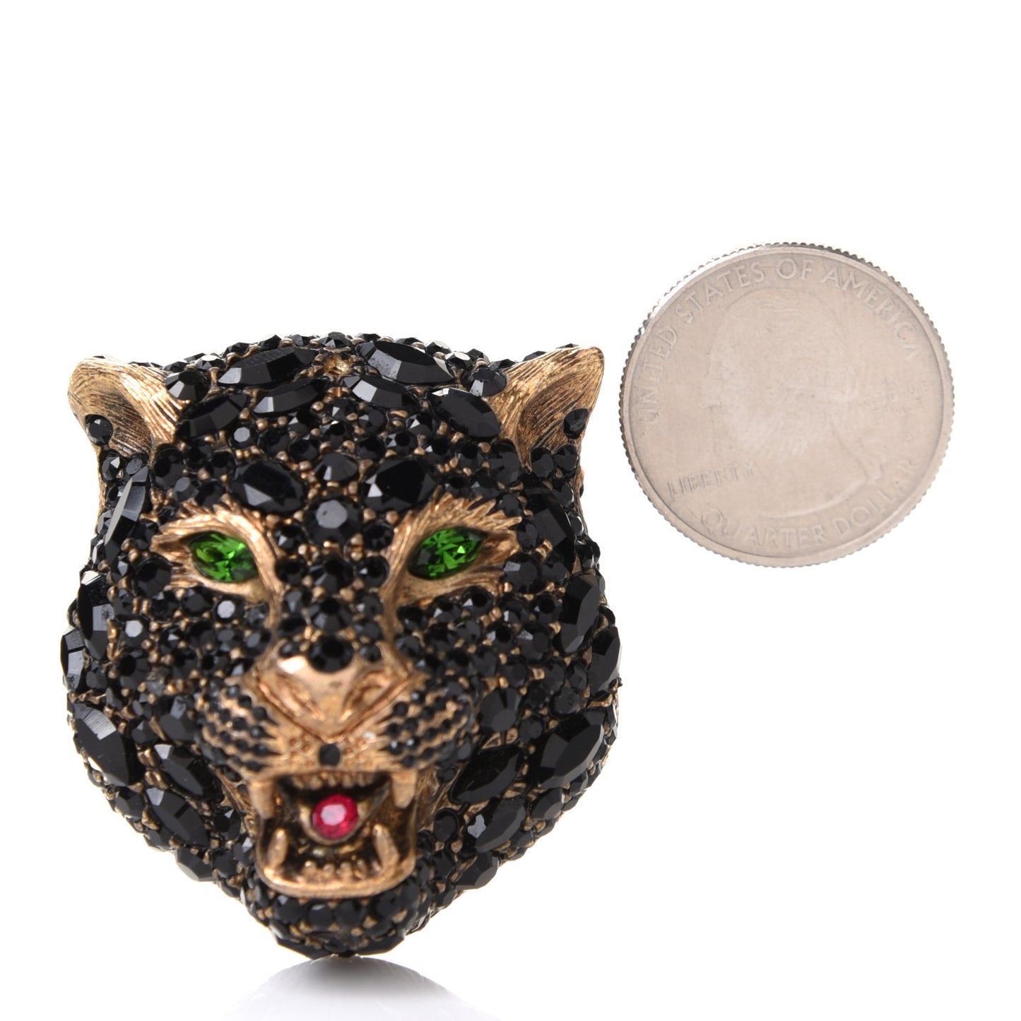 Metal Crystal Feline Head Brooch Black