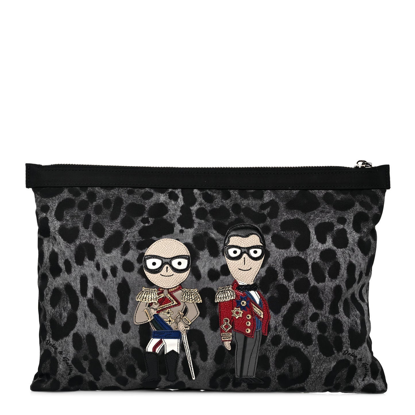 Leopard Print Family Patch Zip Clutch Bag Black