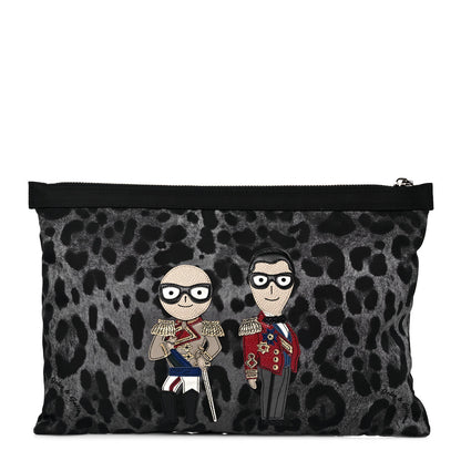 Dolce & Gabbana Leopard Print Family Patch Zip Clutch Bag Black 1 of 9